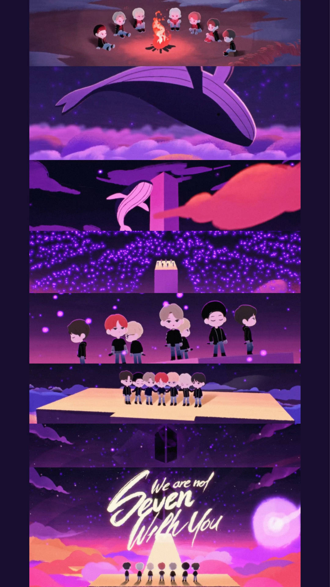 BTS可愛Q版拼貼畫 壁紙 — 七個Q版角色聚集在一個鯨魚形狀的天空下的營火周圍，站在漂浮平台上，周圍是宇宙紫色的雲和星星。