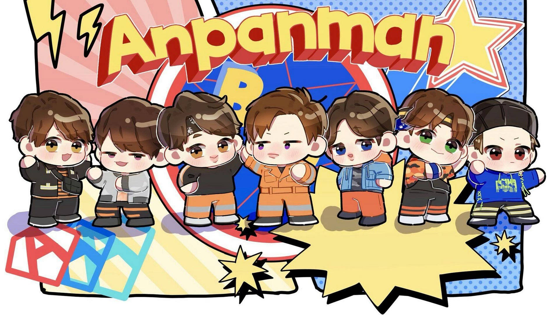 穿著色彩繽紛服裝的Q版Anpanman角色，以漫畫風格效果擺姿勢。