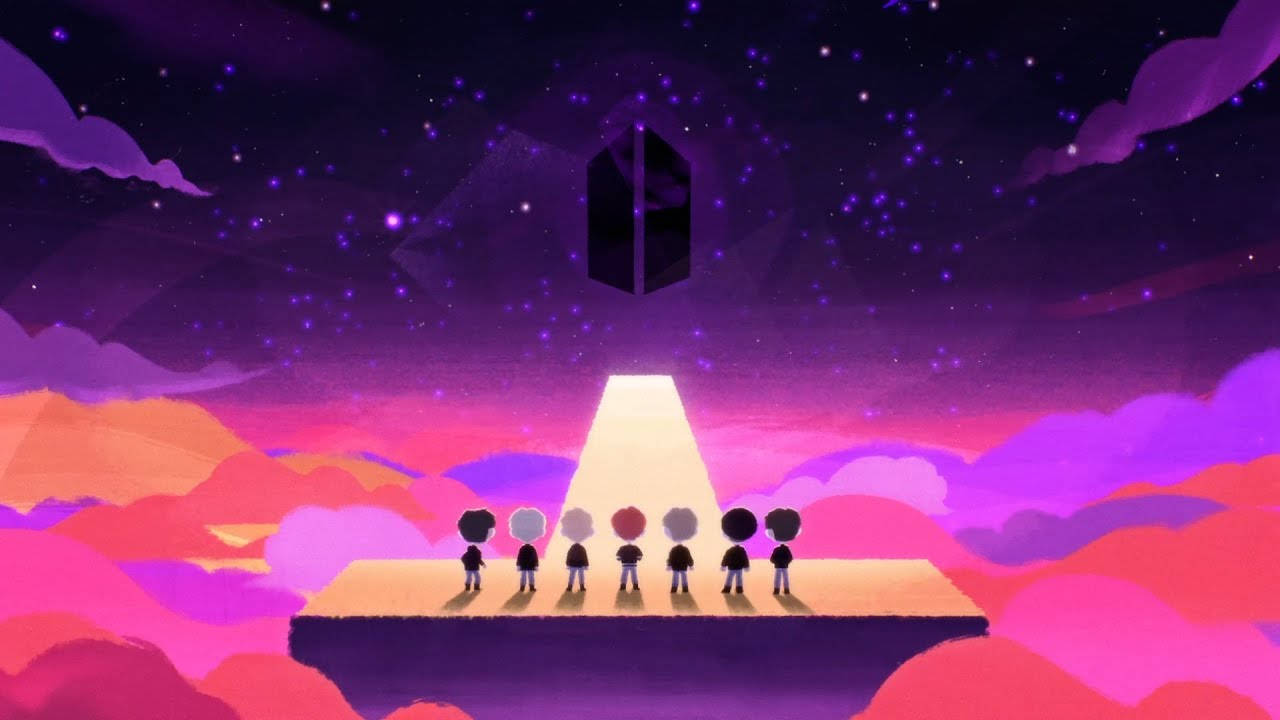 六個小人站在發光的平台上，在星空下仰望一個漂浮的黑色立方體。