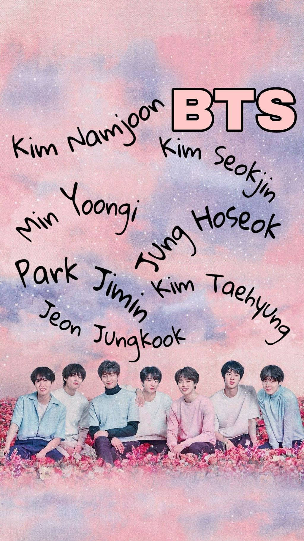 七位K-pop偶像坐在星空下的粉紅色花朵上，上方寫著他們的名字和BTS。