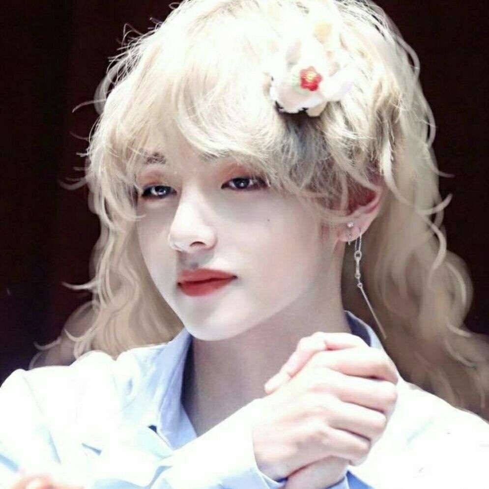 金髮戴花飾的人，在柔和光線中雙手合十。