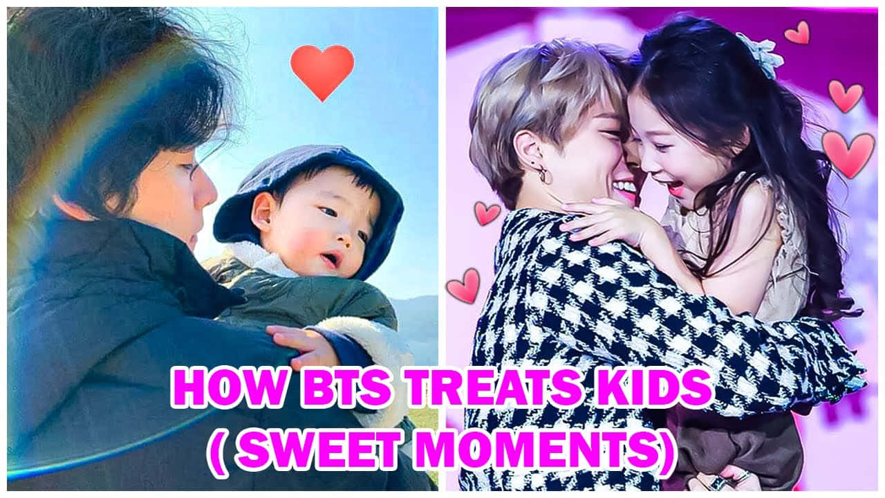 BTS如何溫柔對待孩子：甜蜜時刻 壁紙 — 一名男子在彩虹天空下抱著嬰兒，而兩個人快樂地擁抱，周圍漂浮著心形圖案。