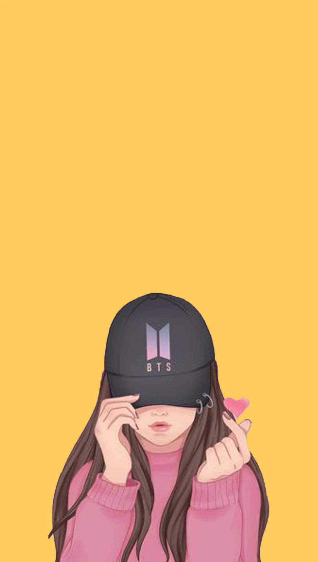 女孩戴著BTS帽子和粉紅色毛衣做出心形手勢。