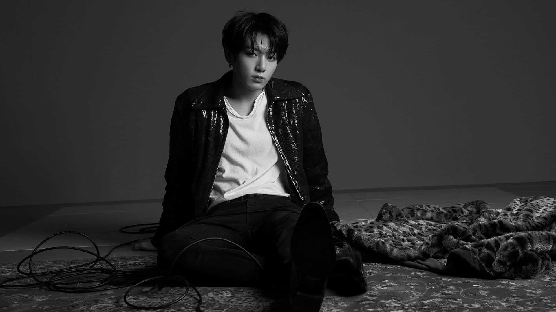 BTS成員Jungkook散發正能量與力量 壁紙 — 一位年輕男子坐在黑白工作室的圖案地毯上，穿著閃亮外套，直視鏡頭，表情嚴肅。