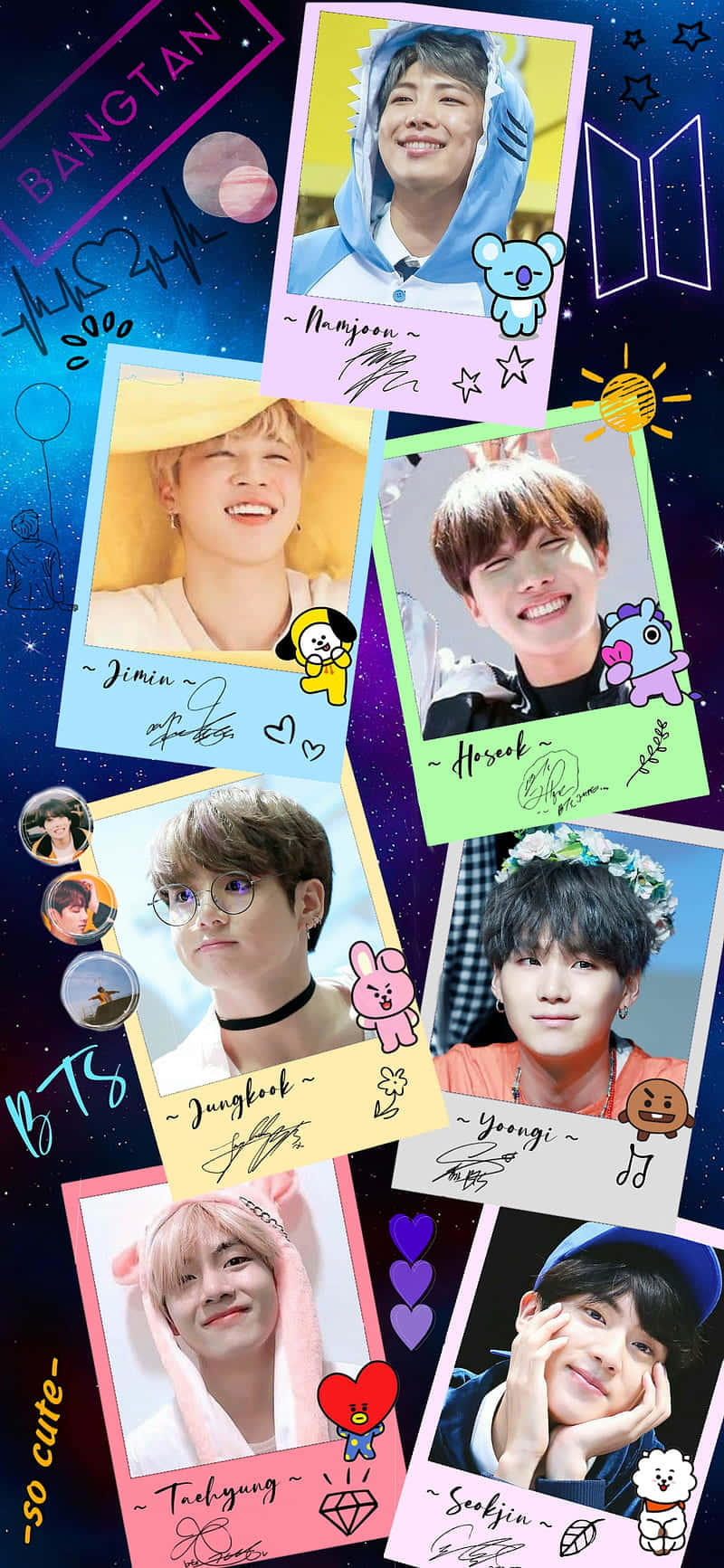 BTS - BTS - BTS - BTS - BTS - B 壁紙 — BTS成員在色彩繽紛的寶麗來照片中的拼貼畫，背景是星光燦爛的宇宙，帶有卡通人物和手寫簽名。