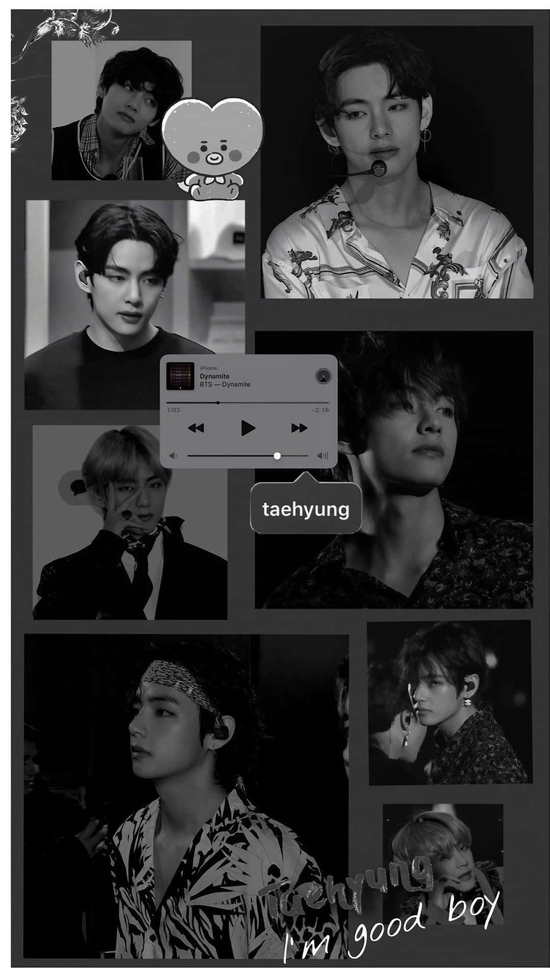 Aesthetic Korean 桌布 壁紙 — BTS成員泰亨的黑白拼貼畫，包含各種自然和表演照片，並帶有音樂播放器疊加層。