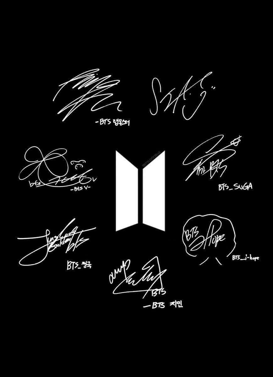 Bts Icon 桌布 壁紙 — BTS成員的白色手寫簽名圍繞著他們的標誌，背景為純黑色。