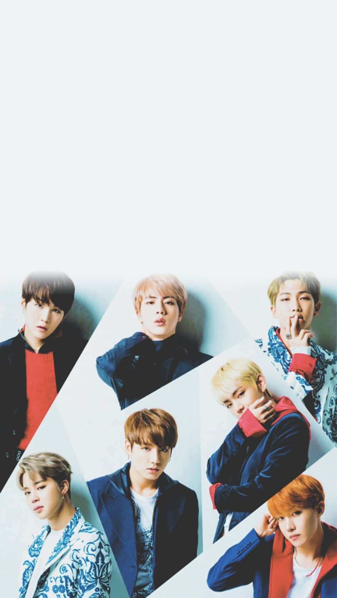 BTS拼貼iPhone壁紙 壁紙 — 七位年輕男子穿著時尚外套，在明亮的白色背景前自信地擺姿勢，形成幾何拼貼。