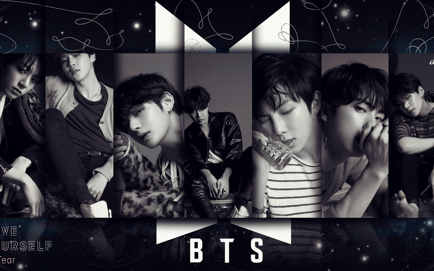 BTS 成員的黑白肖像，帶有宇宙背景和幾何設計。