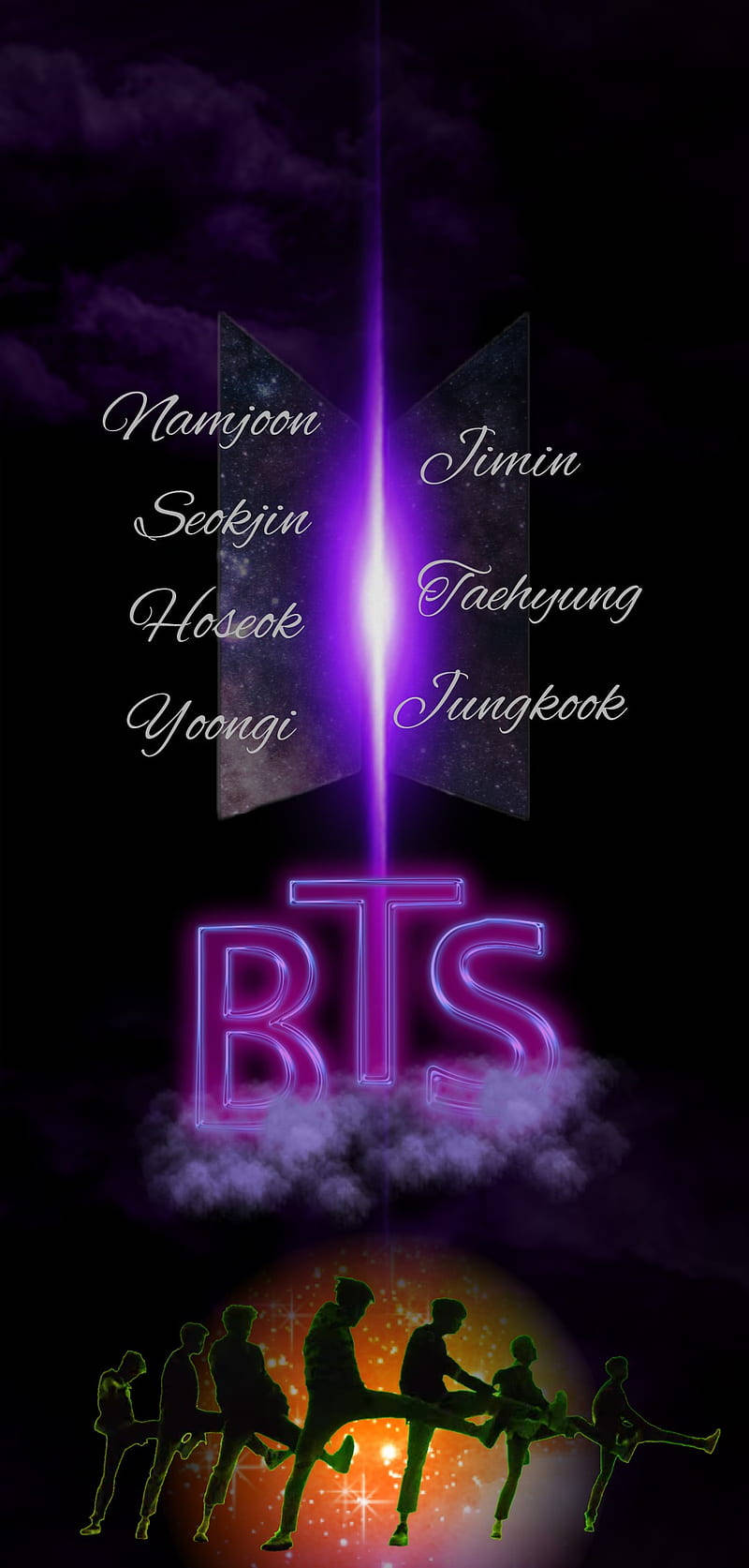 BTS標誌，包含成員名字和剪影在星空下跳舞。 — BTS標誌 壁紙