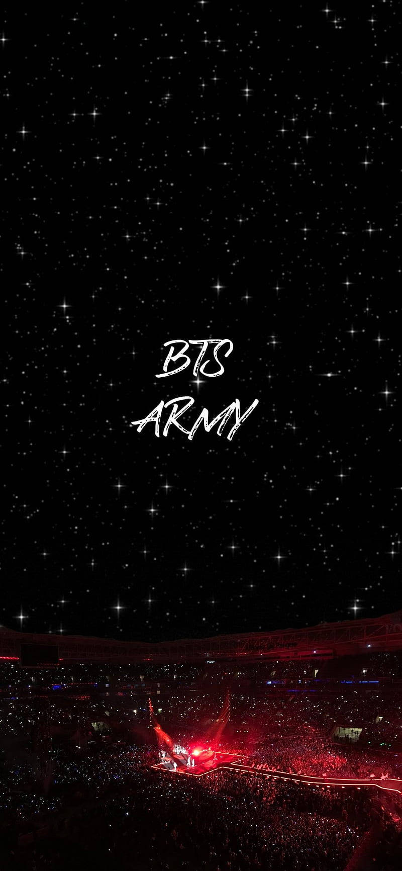 星空下的體育場音樂會，帶有紅光和BTS ARMY文字。