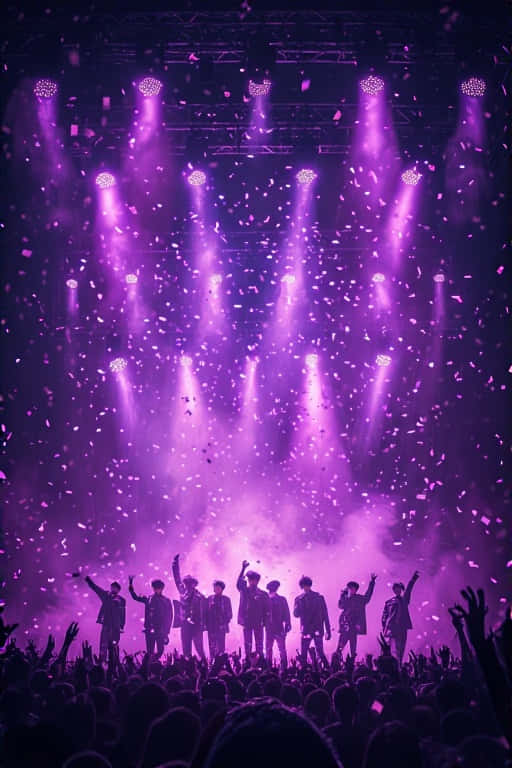 BTS演唱會舞台紫色燈光與表演者剪影壁紙 壁紙 — 樂隊在舞台上呈現剪影，在充滿活力的紫色聚光燈下，五彩紙屑如雨般落在熱情的觀眾身上。