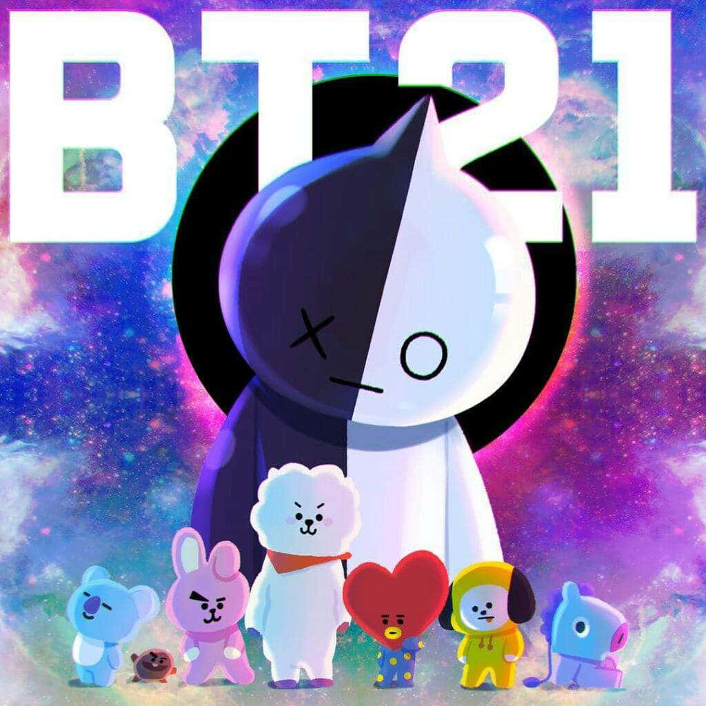 BT21卡通角色在色彩繽紛的太空背景前。