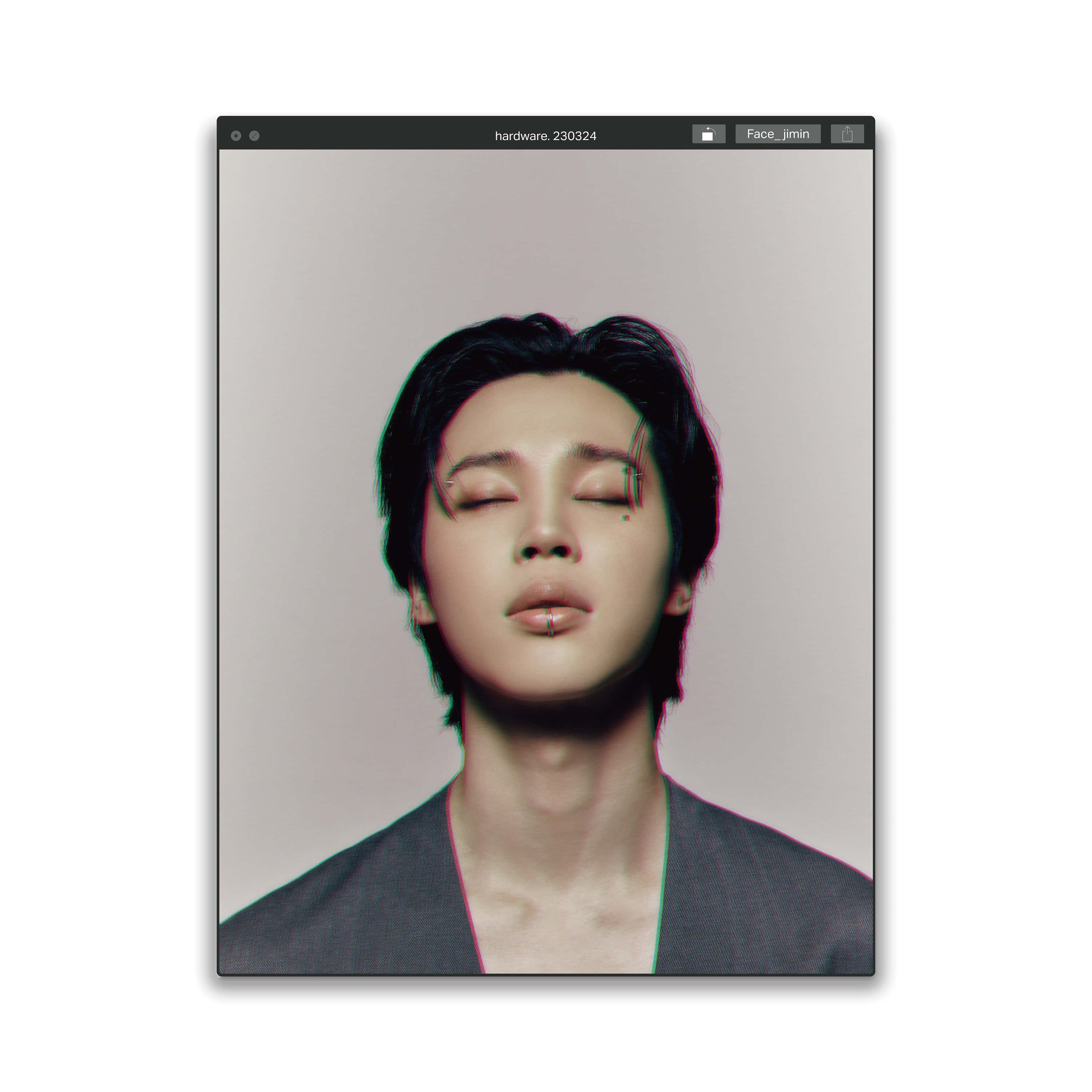 BTS的Jimin，活出最美好的人生 壁紙 — 一幅閉上眼睛、有唇環的人像，框在帶有故障色彩邊緣的電腦視窗內。