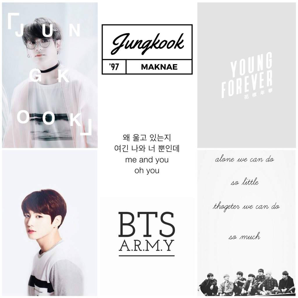 BTS粉絲田柾國美學 壁紙 — BTS 成員 Jungkook 的拼貼畫，帶有文字疊加和團體照片，採用極簡黑白風格。