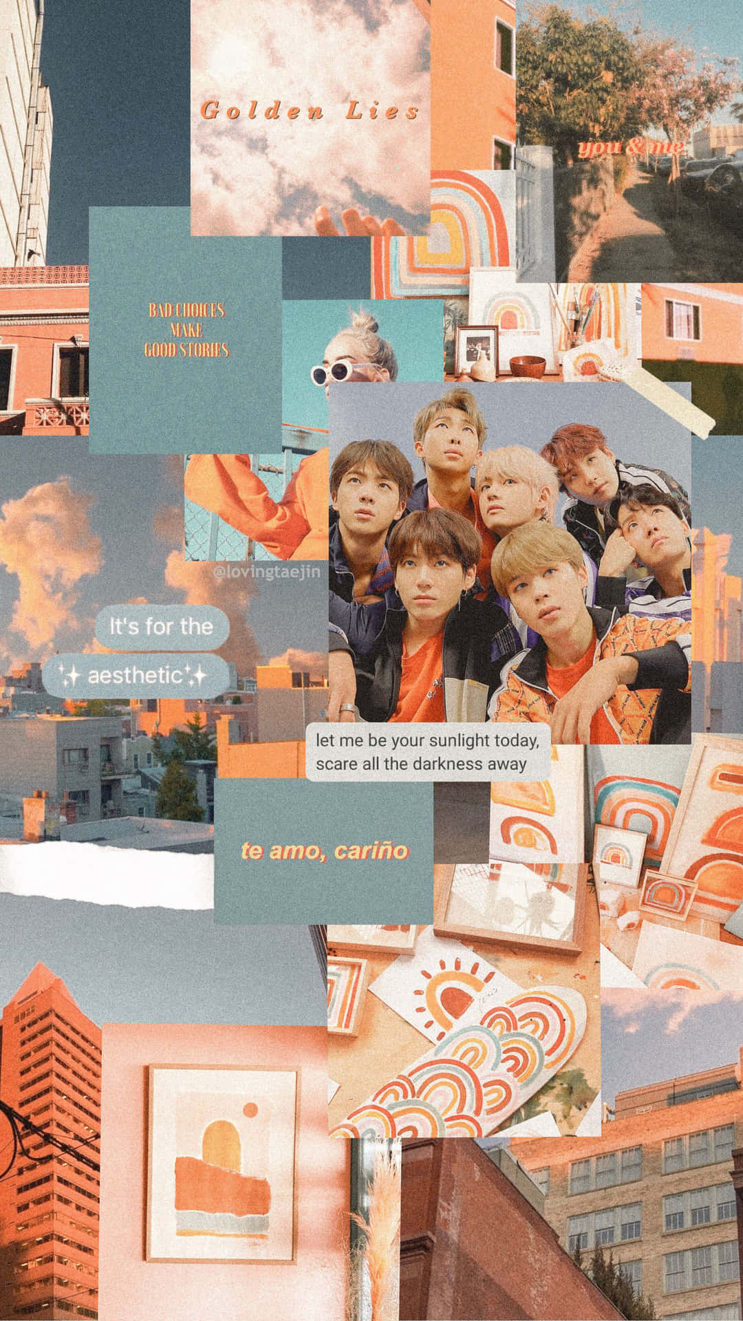 BTS精彩瞬間iPhone壁紙 壁紙 — 一幅充滿活力的拼貼畫，描繪K-pop偶像和城市景觀，沐浴在溫暖的橙色和藍綠色調中，並帶有文字疊加。