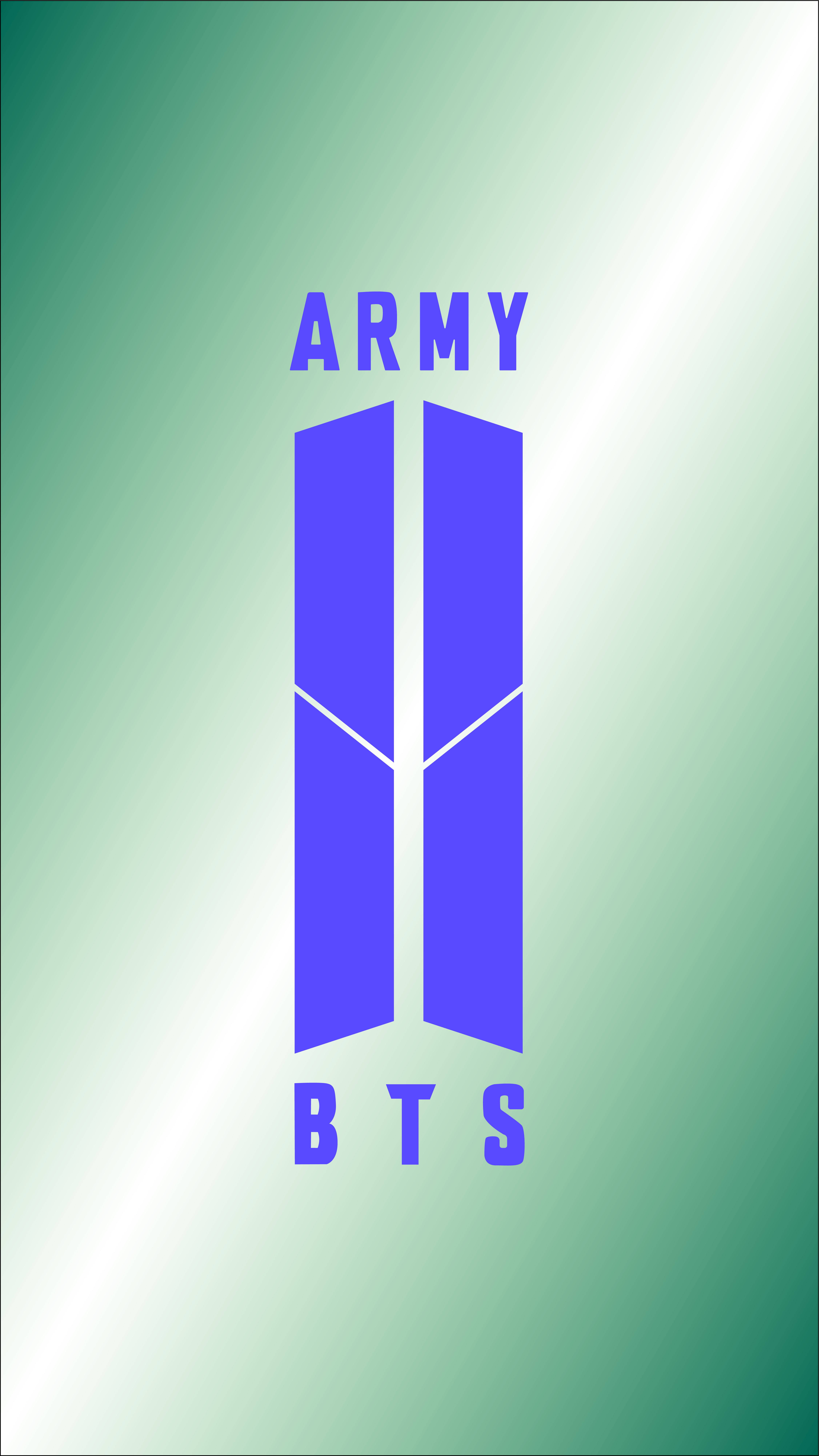 BTS與ARMY標誌盾牌 壁紙 — 一個簡約的藍色BTS標誌，上方為「ARMY」，下方為「BTS」，居中於柔和的綠色漸變背景上。