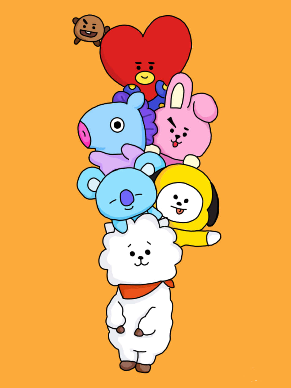 橙色背景上的BT21卡通角色堆疊