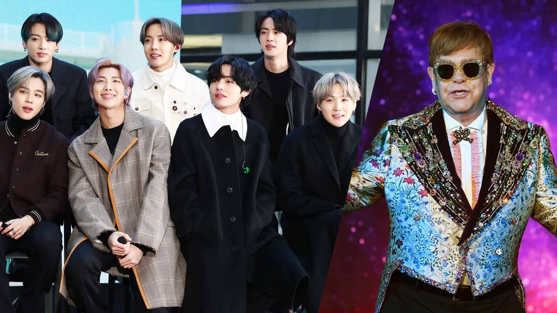 K-pop團體與艾爾頓·約翰在星空背景下穿著華麗服裝。
