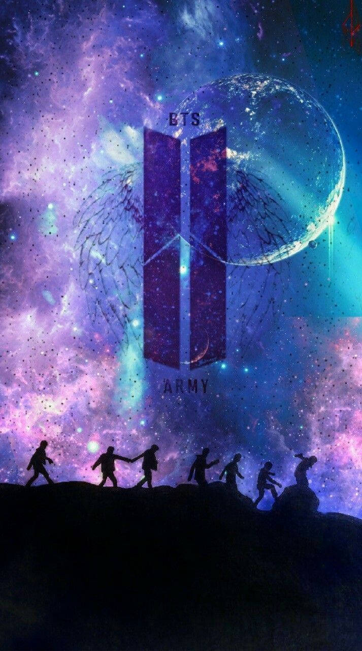 BTS粉絲在帶有團體標誌和ARMY文字的宇宙天空下行走。