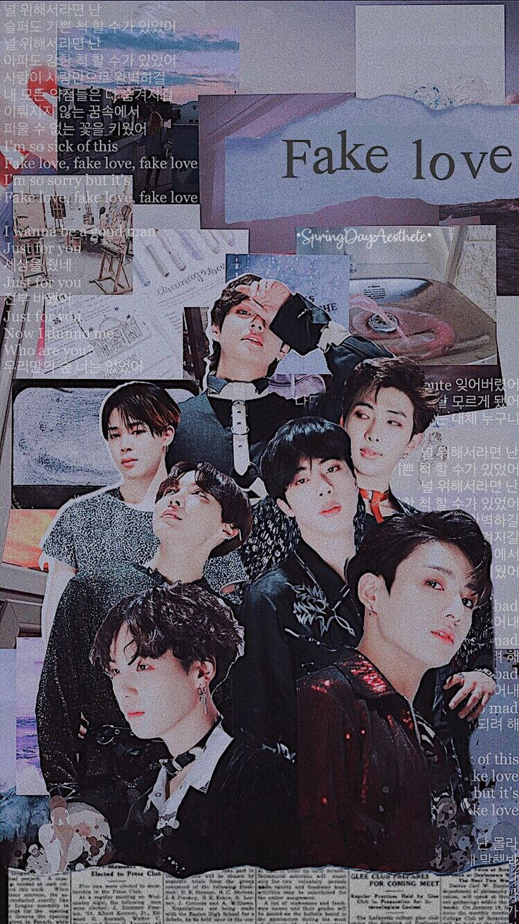 BTS風格《Fake Love》專輯壁紙 壁紙 — 一幅K-pop偶像的拼貼畫，帶有重疊的文字和報紙剪報，呈現陰鬱的美學風格。