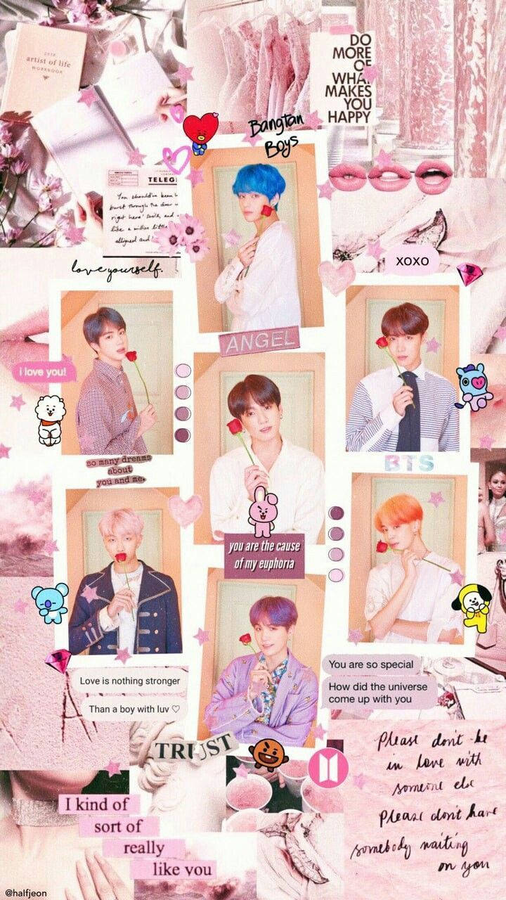 BTS風格成員手持玫瑰壁紙 壁紙 — 充滿活力的粉紅色拼貼牆紙，包含Bangtan Boys照片、心形、語錄和可愛的卡通角色。