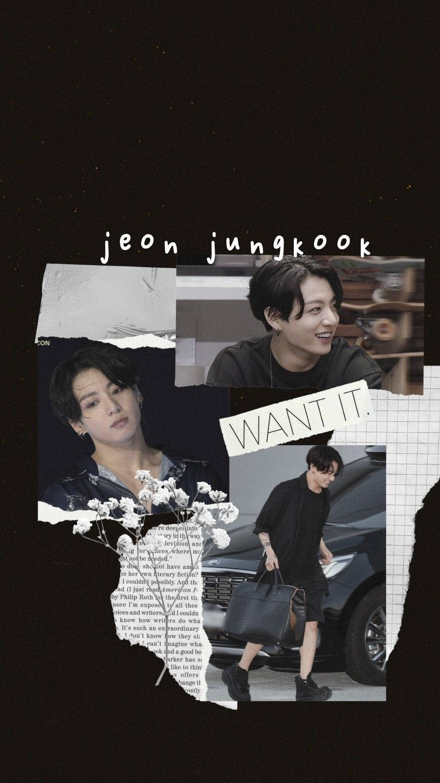 BTS風格鄭鳴鶴壁紙 壁紙 — 一張Jeon Jungkook照片的拼貼畫，帶有撕紙效果和黑色背景上的文字「WANT IT。」