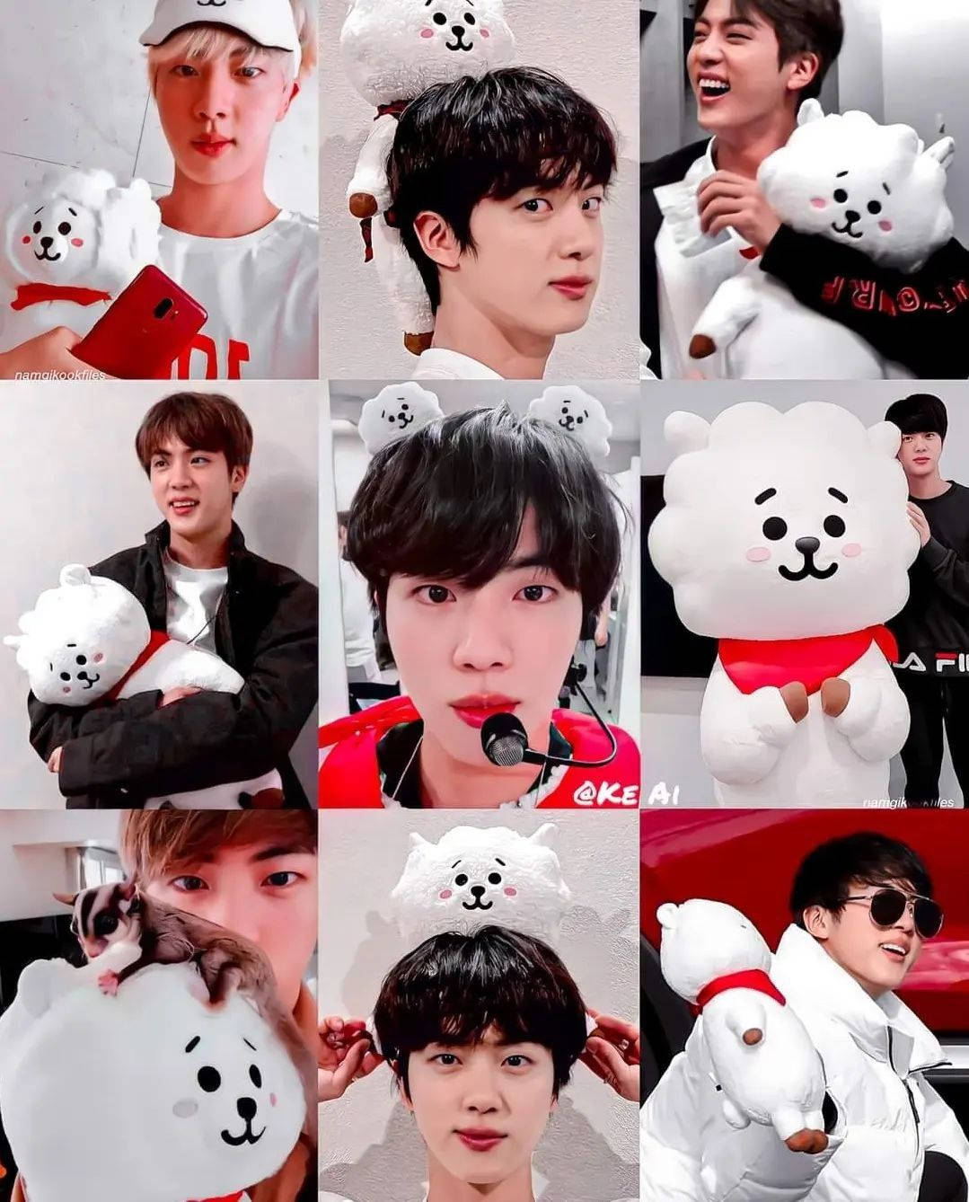 BTS風格金昇玟與BT21角色RJ壁紙 壁紙 — 九張年輕男性在各種室內環境中與白色毛絨BT21毛絨玩具合影的照片。