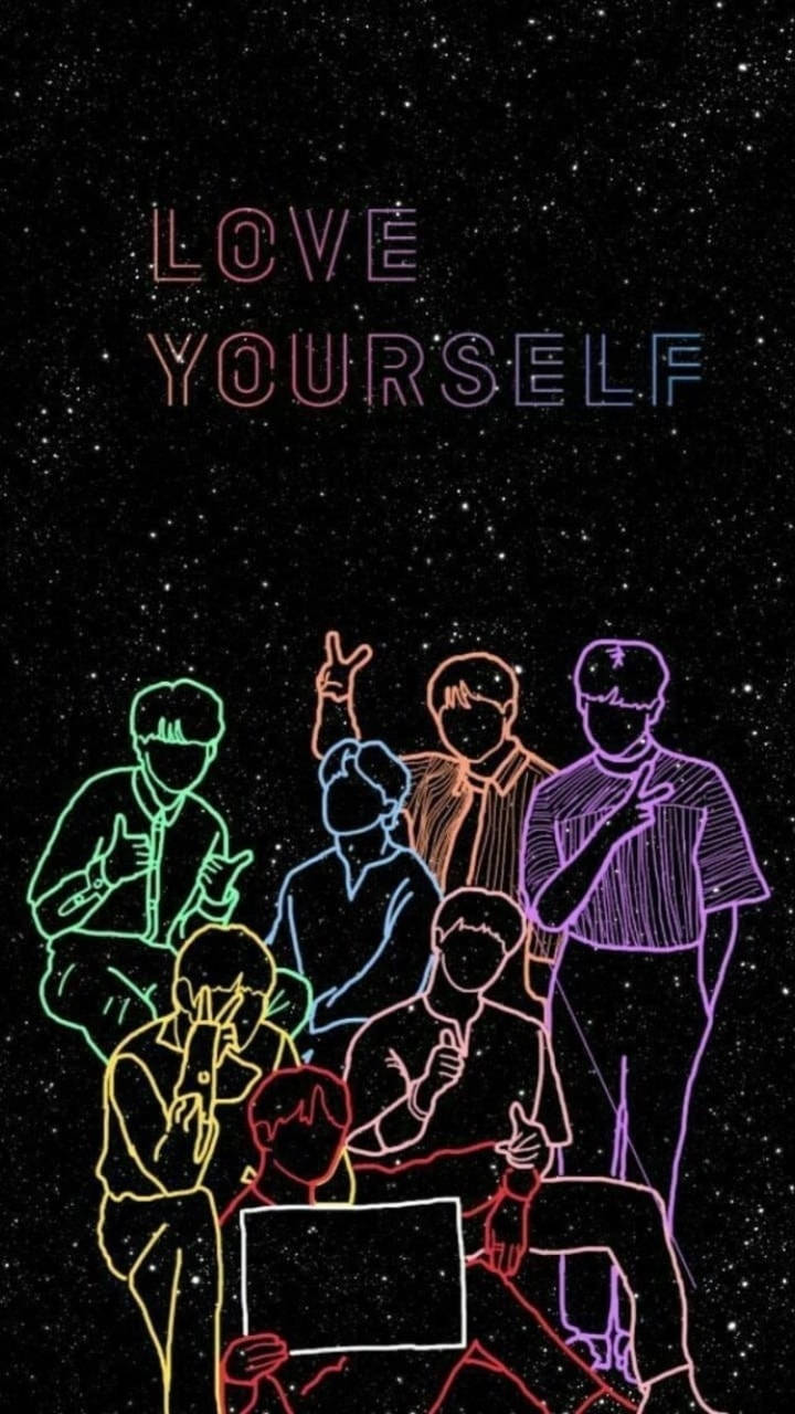 BTS風格霓虹線條藝術 壁紙 — 霓虹輪廓的人物在閃爍的「LOVE YOURSELF」文字下，於繁星點點的夜空前愉快地擺姿勢。