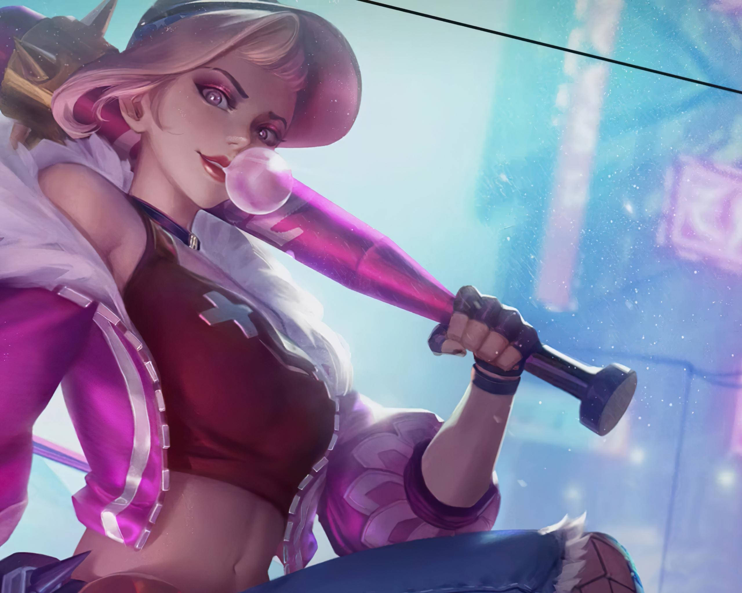 標題：芳妮，氣動刀劍手，Bubble Gum Punk 造型，《Mobile Legends》 壁紙 — 一個風格化的動漫女孩，粉紅色頭髮，在霓虹燈照亮的城市環境中吹著泡泡糖，同時拿著發光的粉紅色球棒。