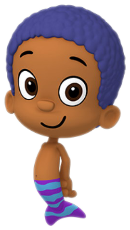 Bubble Guppies 角色微笑 壁紙 — 一個快樂的卡通海男孩，紫色頭髮和條紋尾巴，在白色背景上燦爛地微笑。