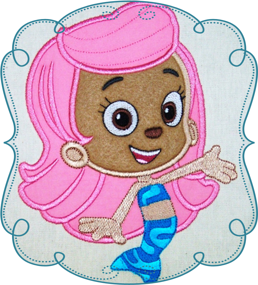 Bubble Guppies 編織角色貼布 壁紙 — 一個粉紅色頭髮、藍色尾巴的快樂美人魚在縫製貼花設計中微笑揮手。