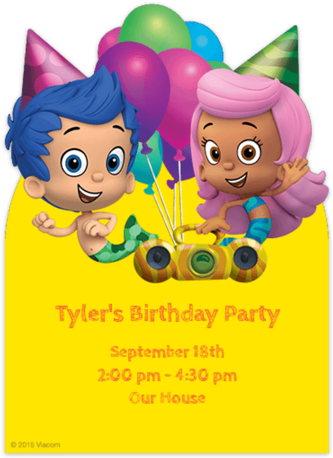 Bubble Guppies 生日邀請卡 壁紙 — 兩個戴著派對帽的快樂卡通海洋小孩，在明亮的黃色背景上拿著氣球和手提音響，帶有生日細節。