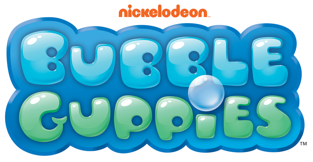 Bubble Guppies標誌 壁紙 — Bubble Guppies 標誌，帶有氣泡般的藍色和綠色3D字母，以及一個漂浮的氣泡，背景為白色。