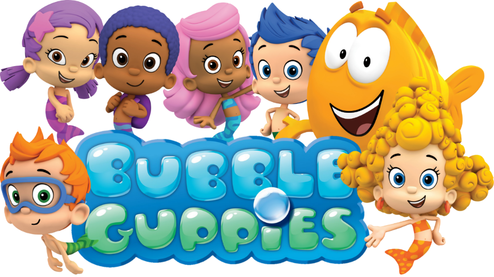 Bubble Guppies 動畫角色 壁紙 — 六個色彩繽紛的卡通海洋小孩和一條大黃魚圍著一個充滿泡泡的「Bubble Guppies」標誌微笑。
