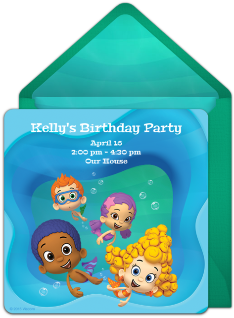Bubble Guppies 生日派對邀請卡 壁紙 — 四個快樂的卡通小孩在藍色主題的生日派對邀請函中，帶著氣泡和文字在水下游泳。
