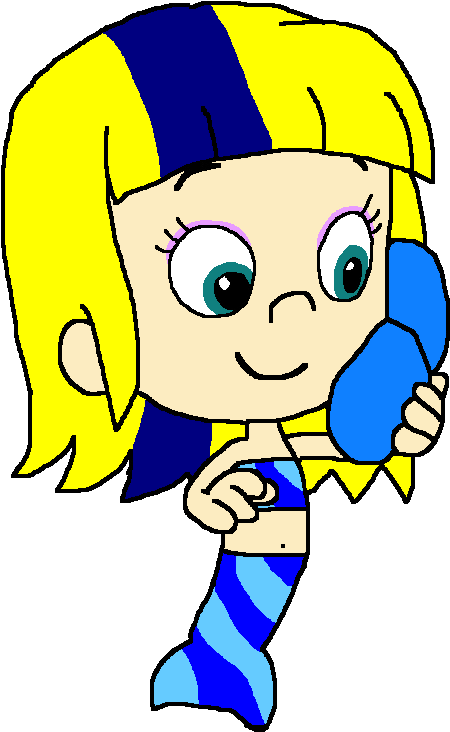 Bubble Guppies 角色 Oona 粉絲藝術 壁紙 — 一個快樂的卡通美人魚，擁有金色和藍色頭髮，將藍色電話放在耳邊微笑。
