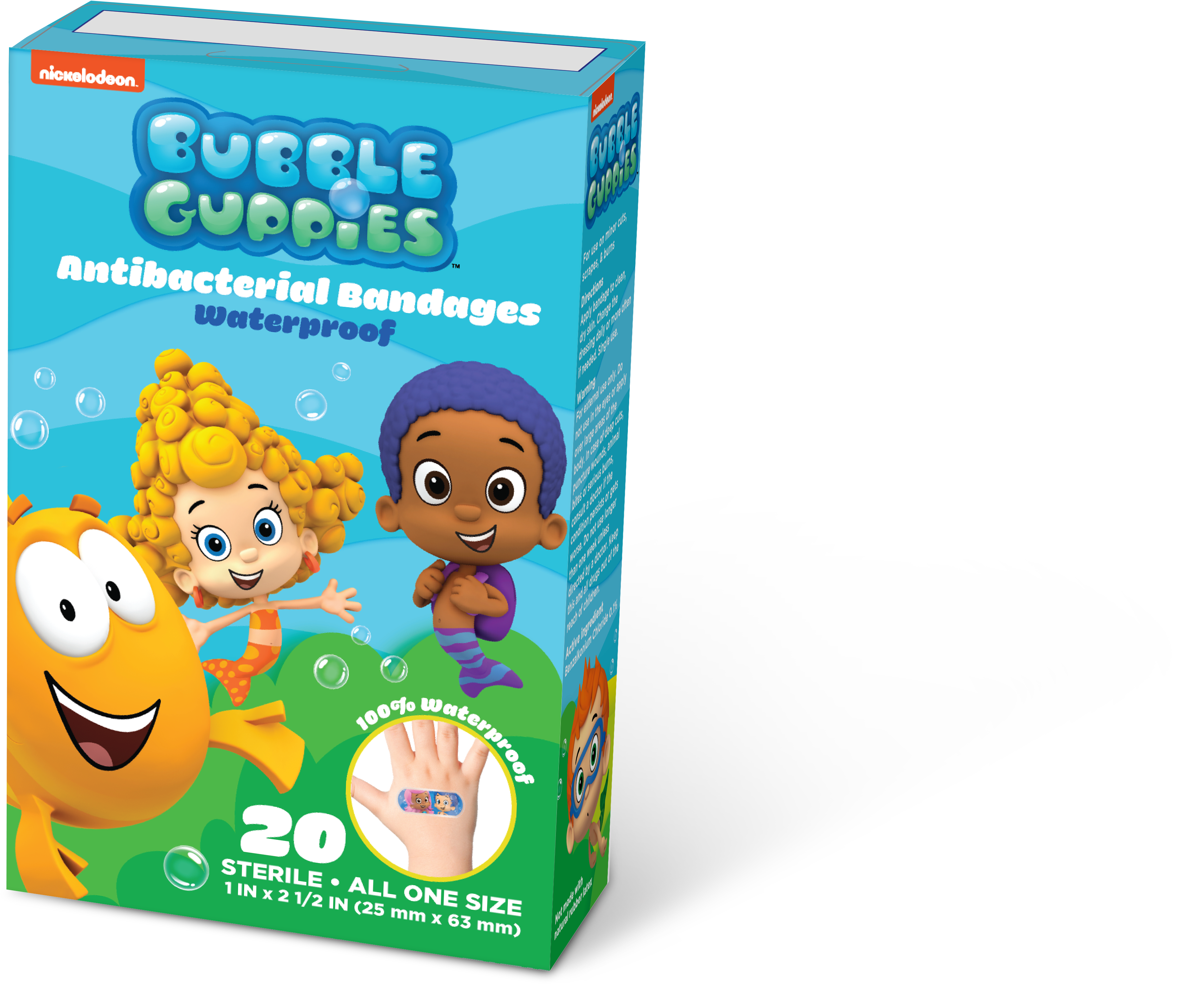 Bubble Guppies 主題防水抗菌繃帶包裝 壁紙 — 一個色彩繽紛的Bubble Guppies抗菌防水膠布盒，上面有卡通人物，背景為藍色和綠色。