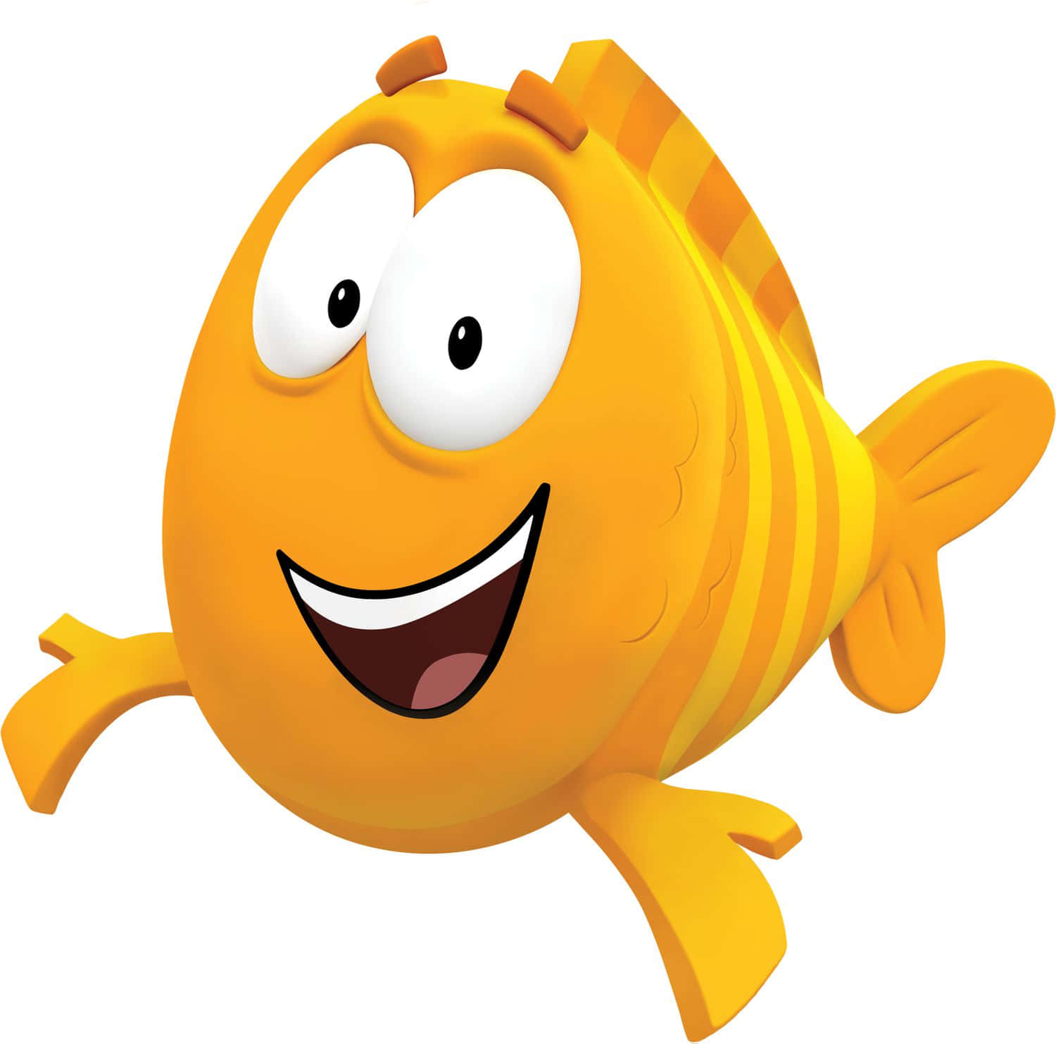 《Bubble Guppies》的Molly、Deema與Gil準備出發冒險！ 壁紙 — 一條快樂的卡通魚，有大眼睛和燦爛的笑容，在純白色背景上快樂地游動。