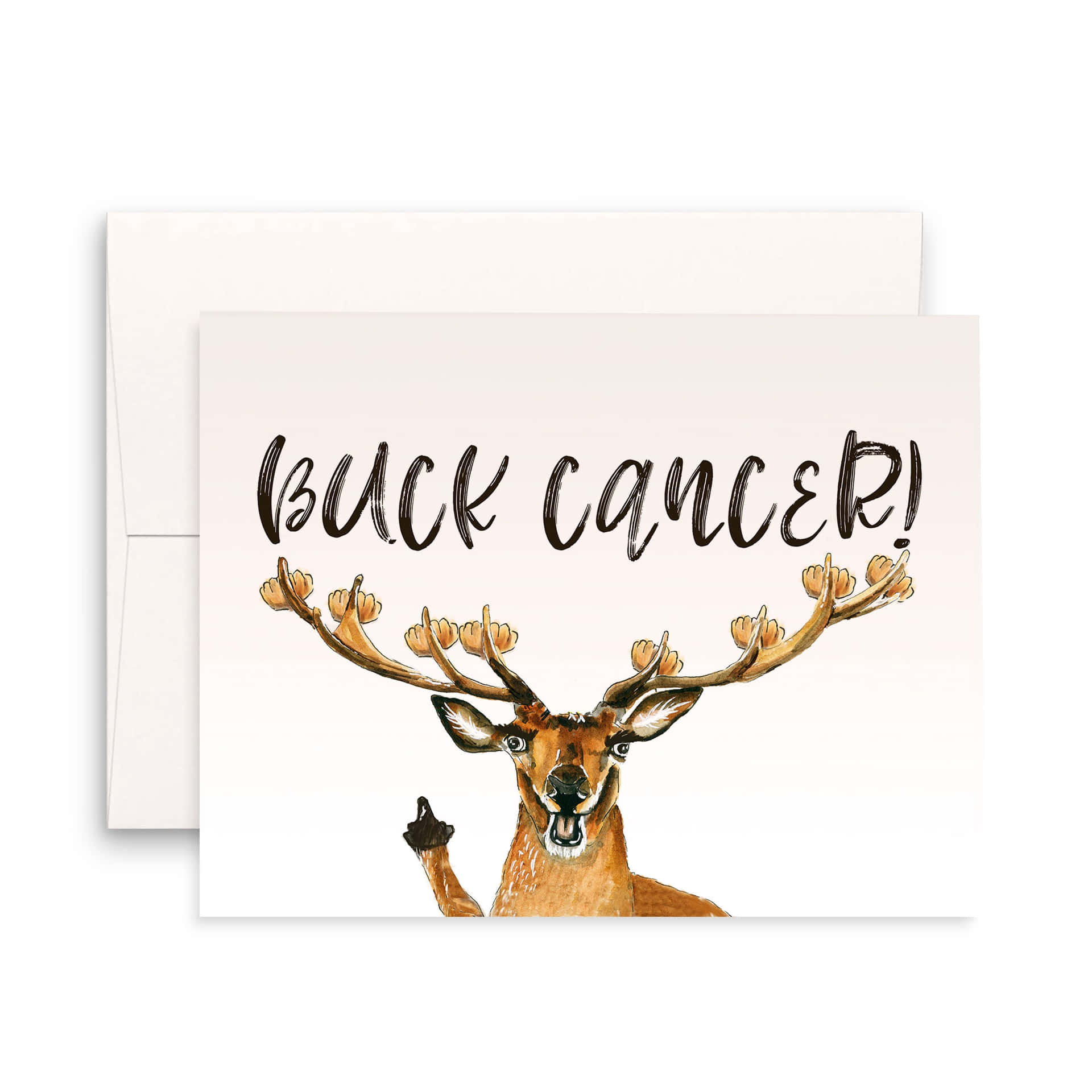 卡通鹿以手形鹿角豎起中指，附有文字 buck cancer