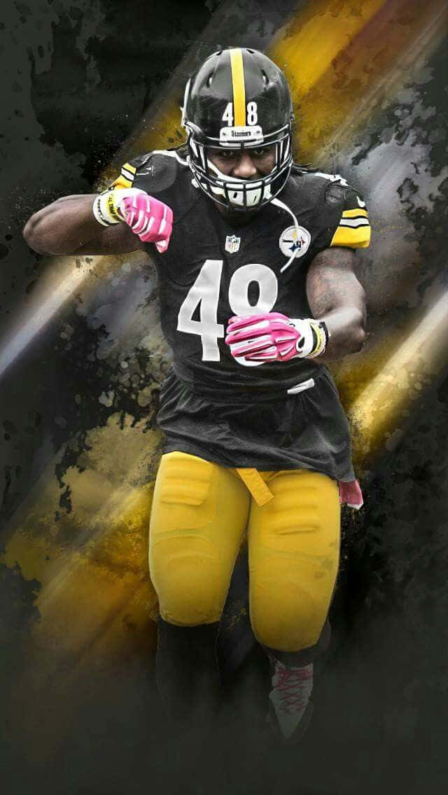 Bud Dupree 圖像藝術 壁紙 — 一名身穿黑金色球衣的匹茲堡鋼人隊美式足球員，在動態抽象背景前全力衝刺。