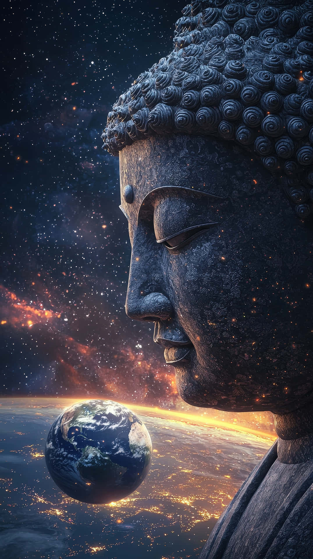 石佛頭俯瞰色彩繽紛的星空星雲中的地球