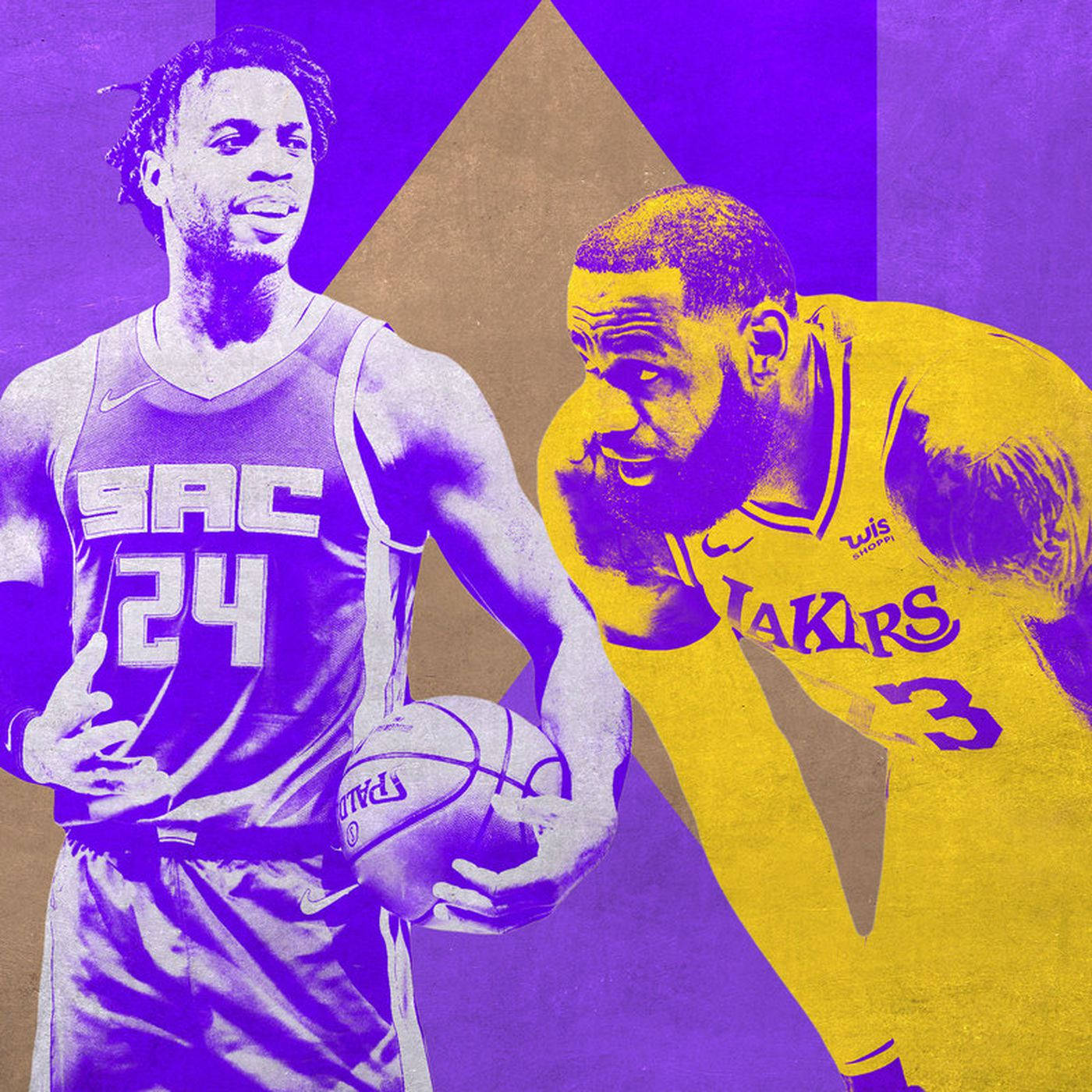 Buddy Hield 與 LeBron James 壁紙 — 兩名身穿鮮豔紫色和金色球衣的籃球運動員在幾何背景前動態擺姿勢。