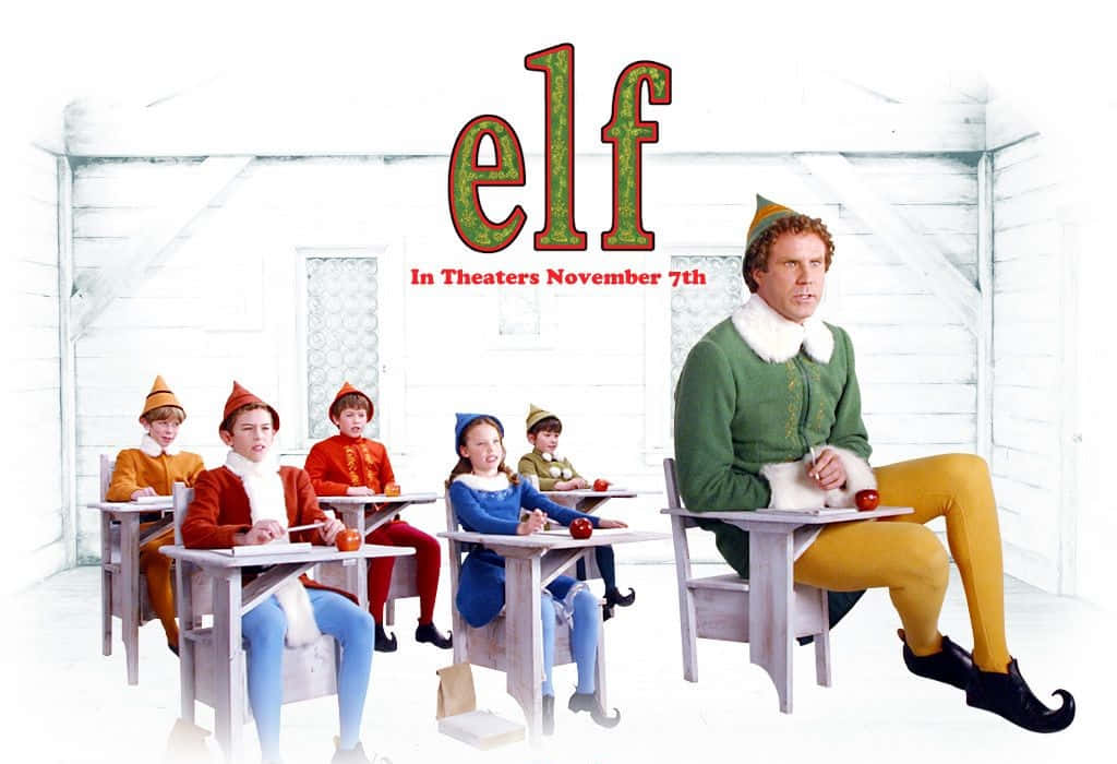 Buddy the Elf 在課室裡教導穿著精靈服裝的孩子們，為電影《精靈》而設。