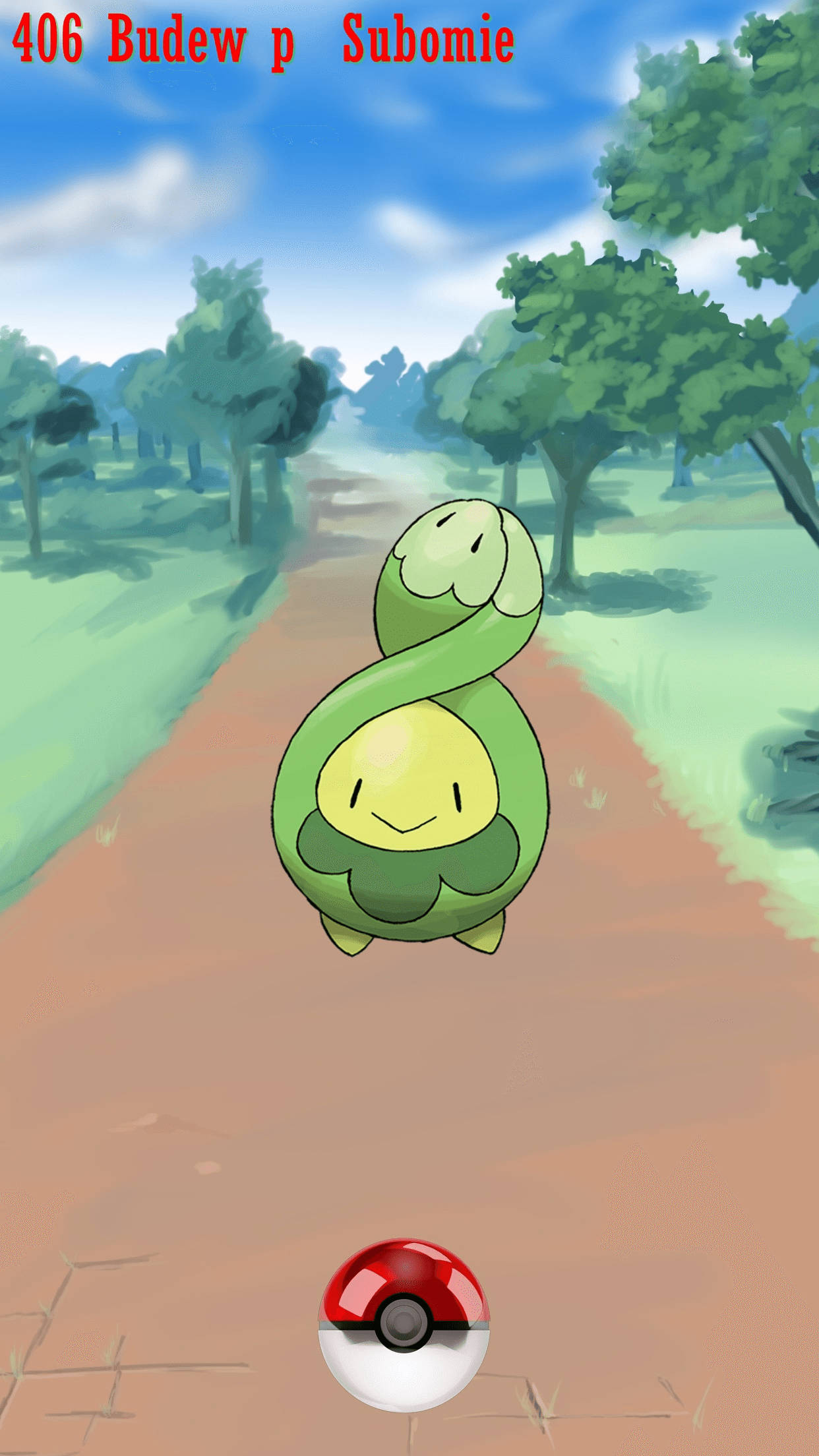 Budew 站在土路上 壁紙 — 一個卡通Budew站在陽光明媚的森林中的泥土路上，底部有一個精靈球。