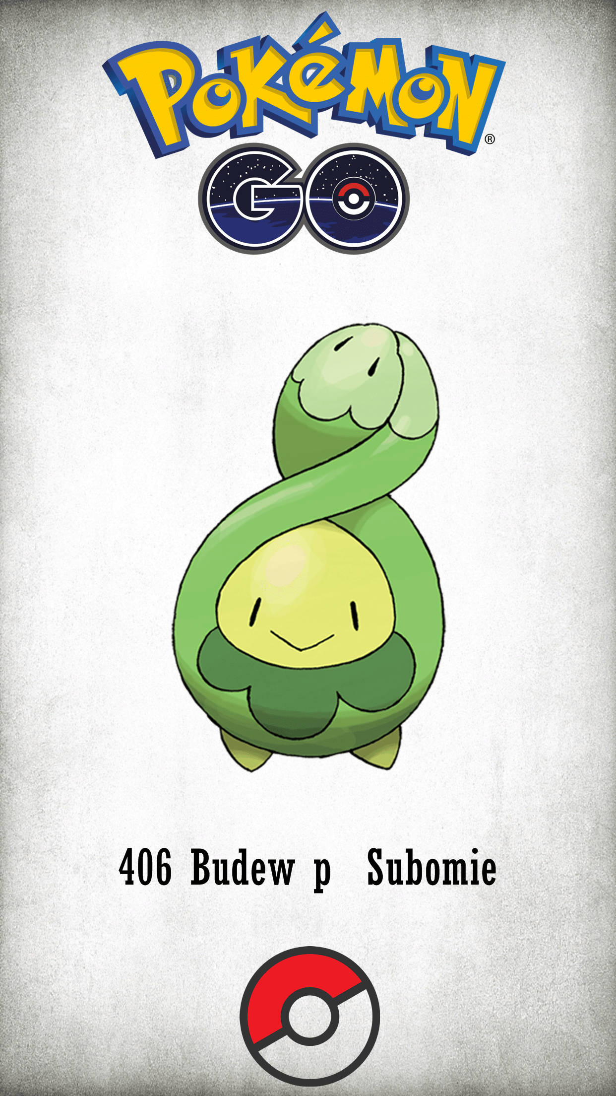 Budew 與 Pokémon Go 標誌 壁紙 — 一隻快樂的綠色 Budew 寶可夢以八字形盤繞在帶有 Pokémon GO 品牌標誌的紋理灰色背景上。