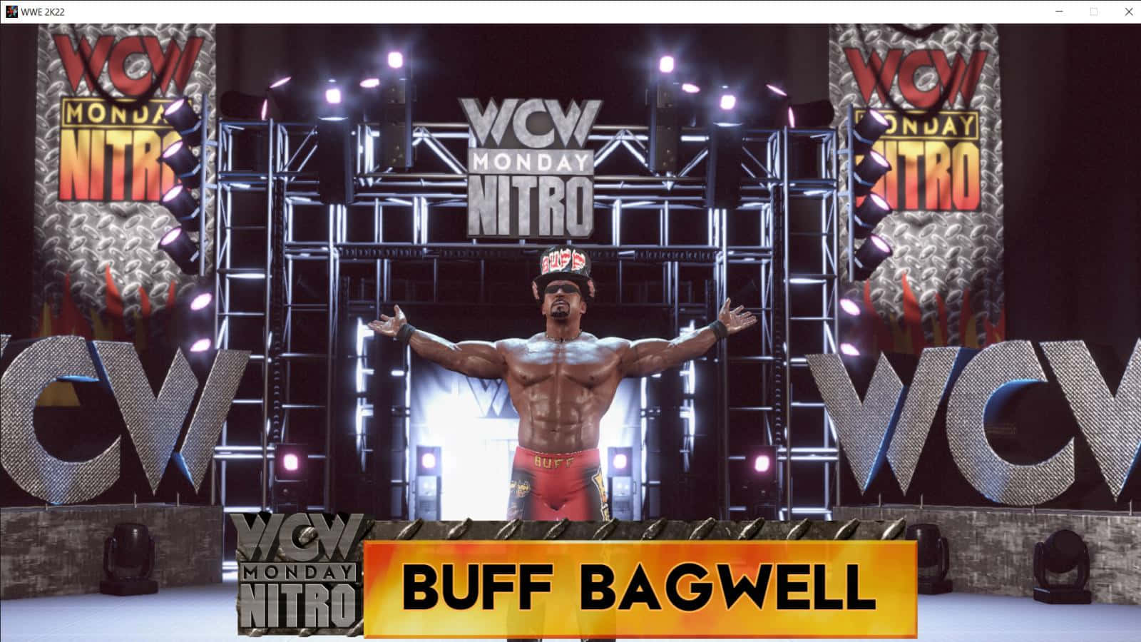Buff Bagwell WCW Monday Nitro摔角手照片 壁紙 — 肌肉發達的摔角手 Buff Bagwell 在明亮的聚光燈下，雙臂伸展，勝利地站在 WCW Monday Nitro 舞台上。