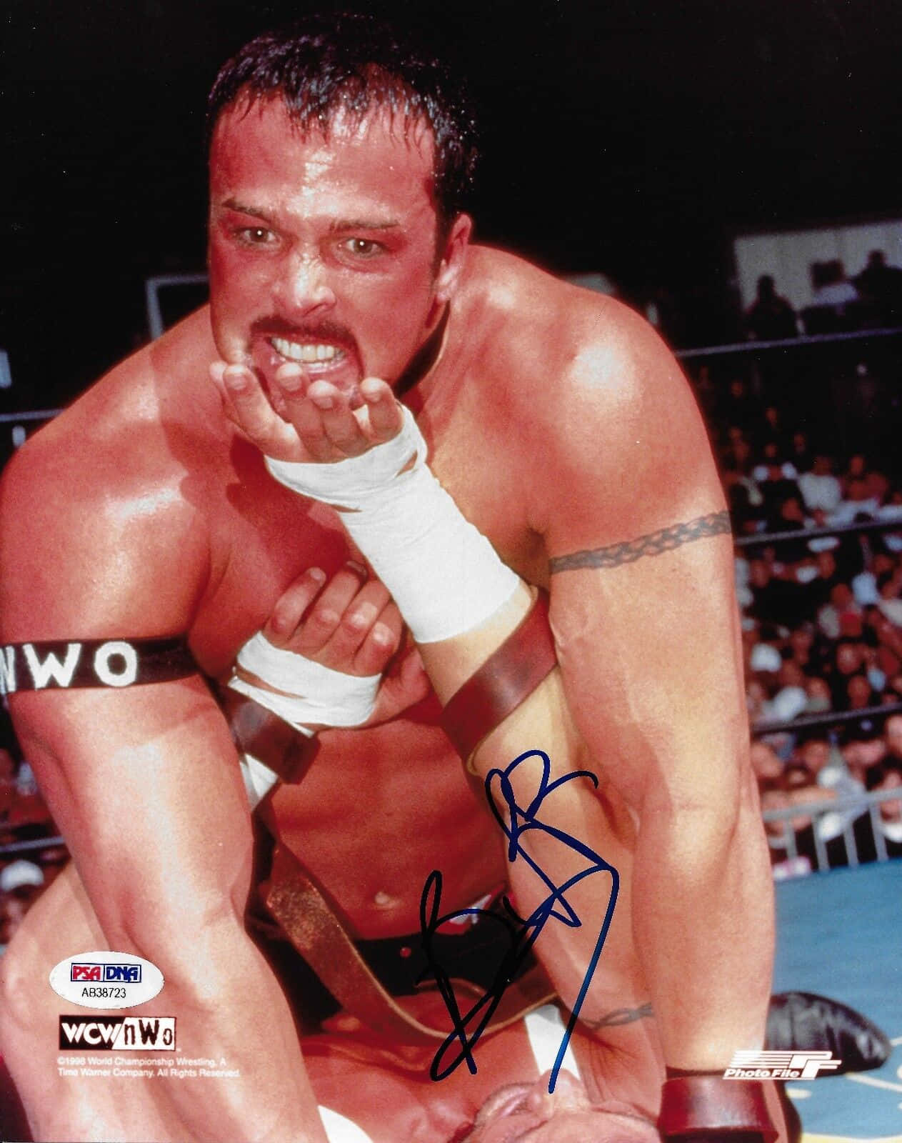 Buff Bagwell 摔角動作攝影 壁紙 — 一位肌肉發達、留鬍子、戴護腕的摔角手在擂台上，身後有群眾，表情猙獰。