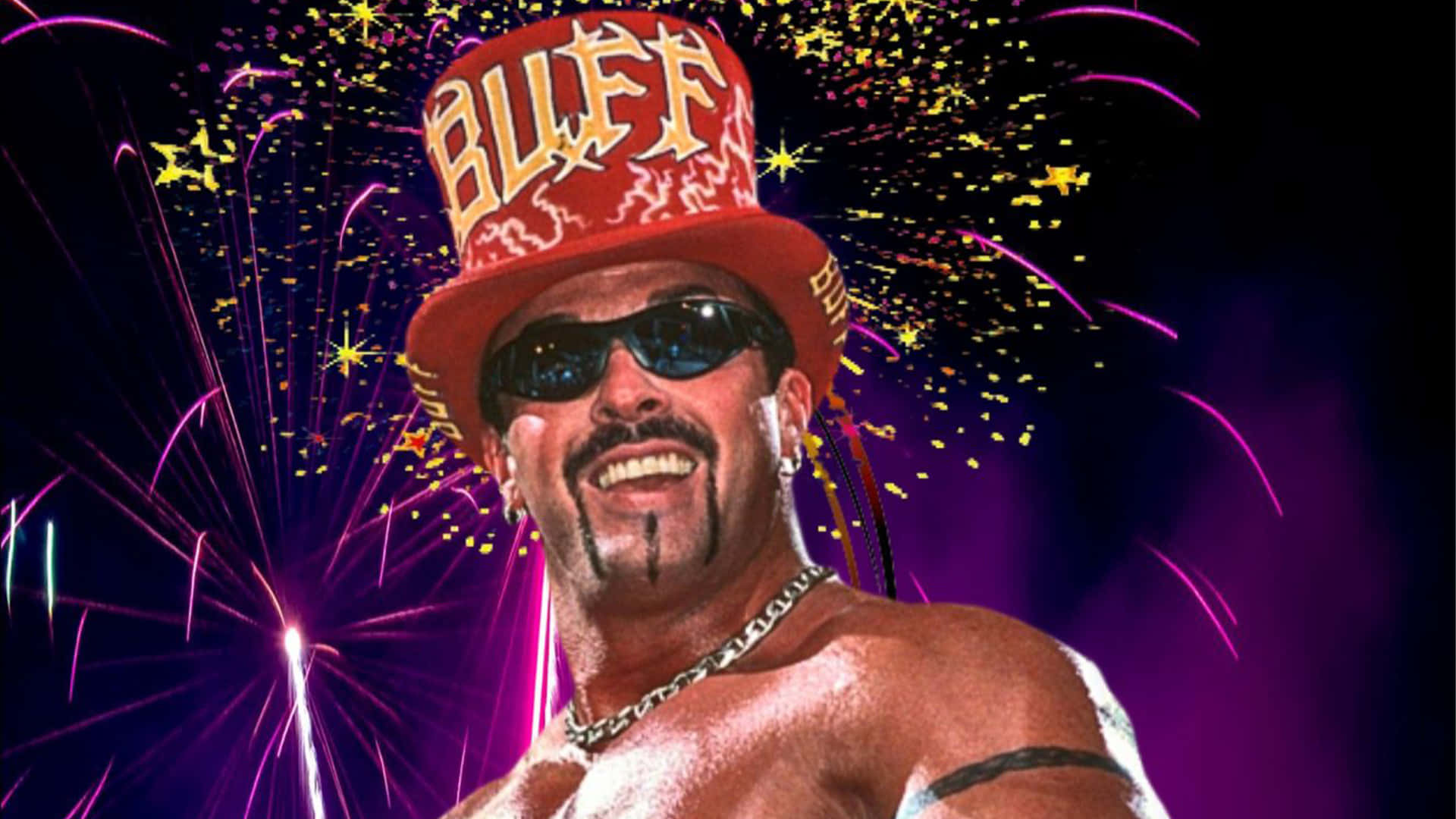 Buff Bagwell 職業摔角手煙火數位照片編輯 壁紙 — 一位肌肉發達的摔角手，戴著紅色「BLUFF」高帽和太陽眼鏡，在燦爛的煙花背景下咧嘴而笑。