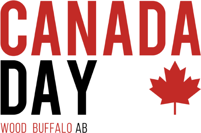 加拿大日慶祝活動：伍德 Buffalo AB 壁紙 — 粗體紅色文字顯示CANADA和WOOD BUFFALO，並帶有楓葉圖標，背景為黑色。